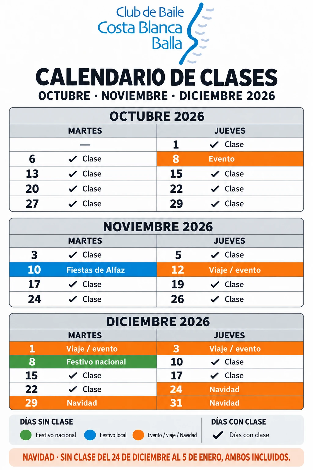 Calendario de clases octubre, noviembre y diciembre 2026 de Costa Blanca Balla